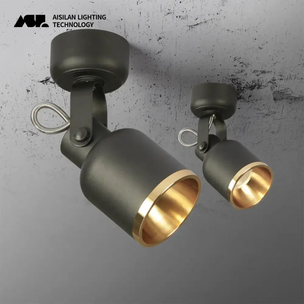 Modern black and gold surface mounted ceiling spotlight with adjustable 7w cri97 and matte black exterior polished brass interior