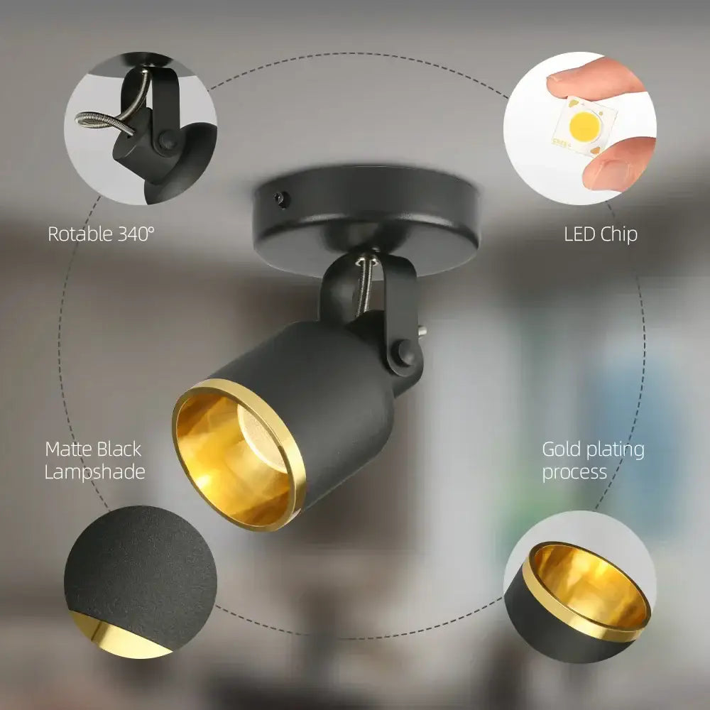 Modern black and gold surface mounted ceiling spotlight with matte finish adjustable 7w cri97 for living room use