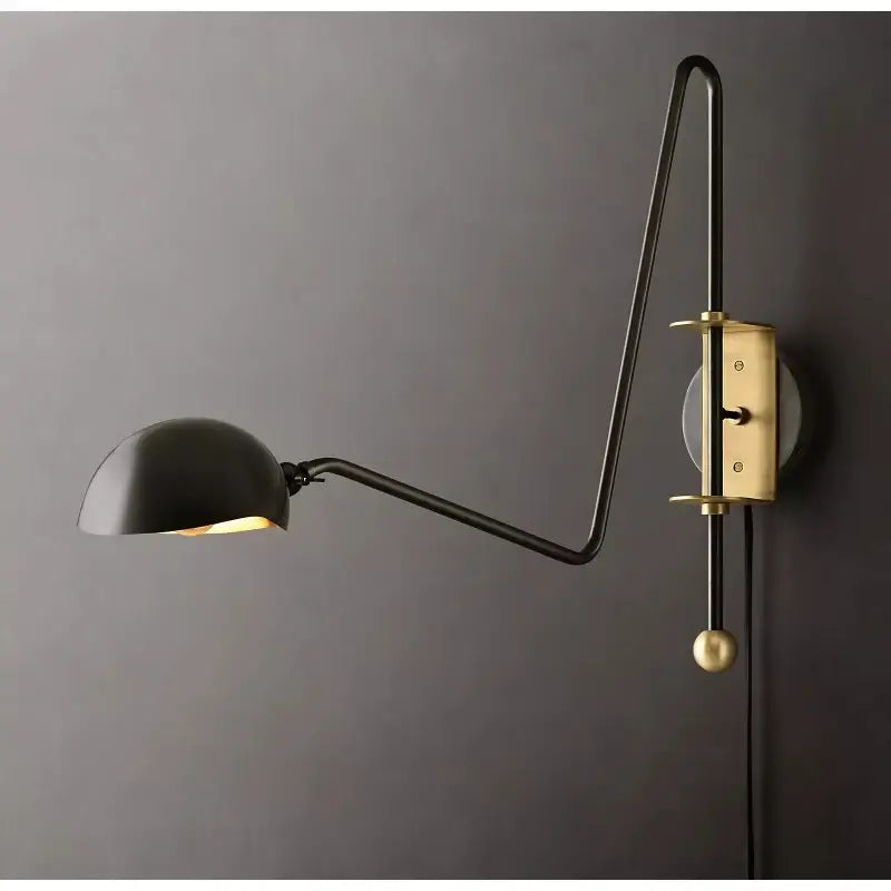 Modern black and brass swing arm wall lamp with curved arm and dome shade for living room decorbites black gold