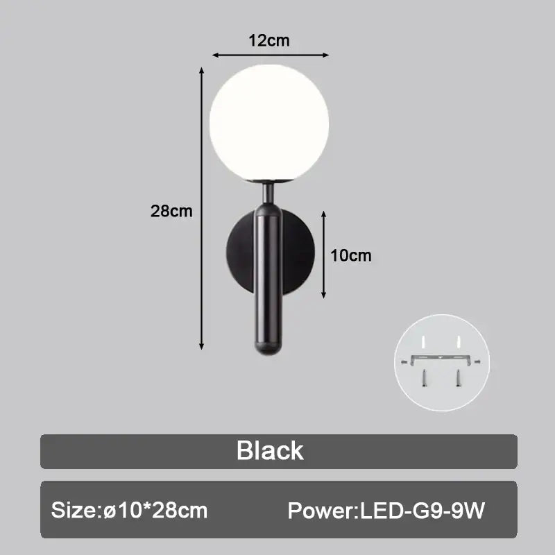 Modern black spherical led wall sconce with matte finish and minimalist design for bedroom glass globe lighting