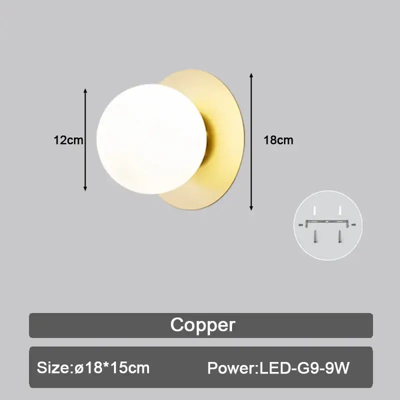 Modern copper wall sconce led wall sconce with frosted glass globe and circular base measuring 18cm in height