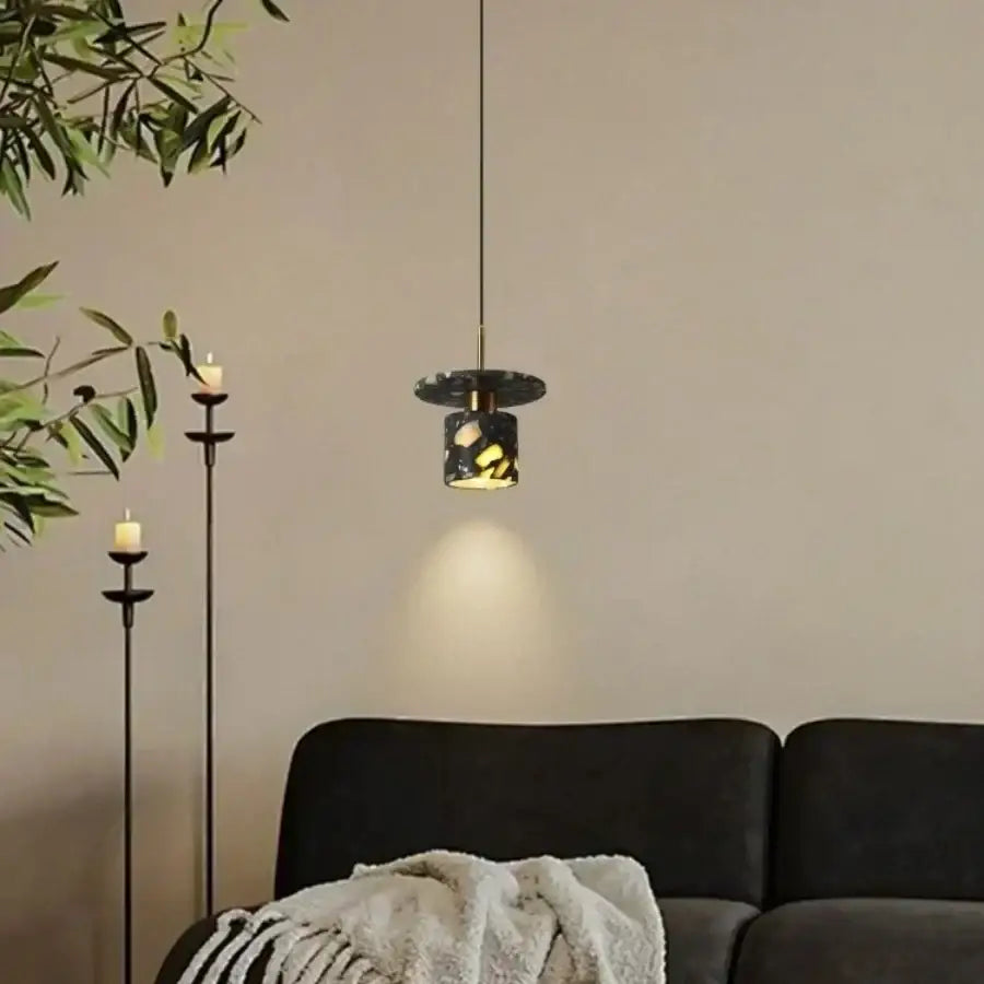 Modern black and gold terrazzo stone pendant lamp with cylindrical shade for kitchen decorbites black terrazzo style lighting