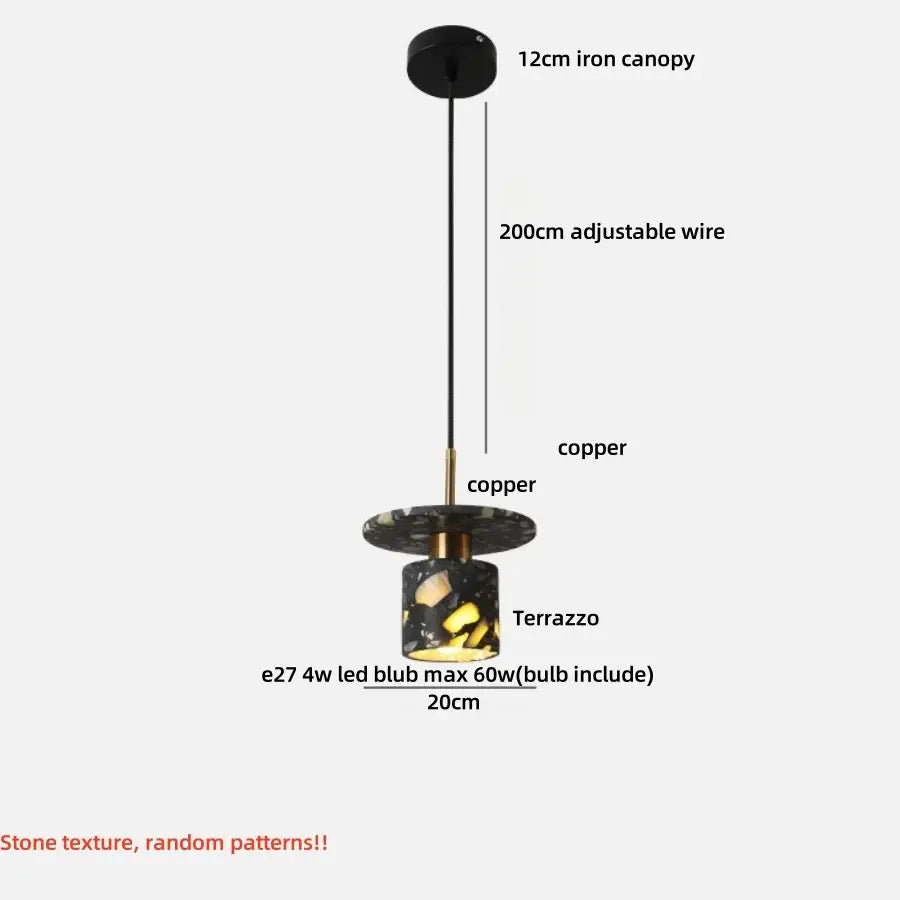 Modern black & gold terrazzo stone pendant lamp with copper accents and 12cm iron canopy for kitchen decorbites black terrazzo