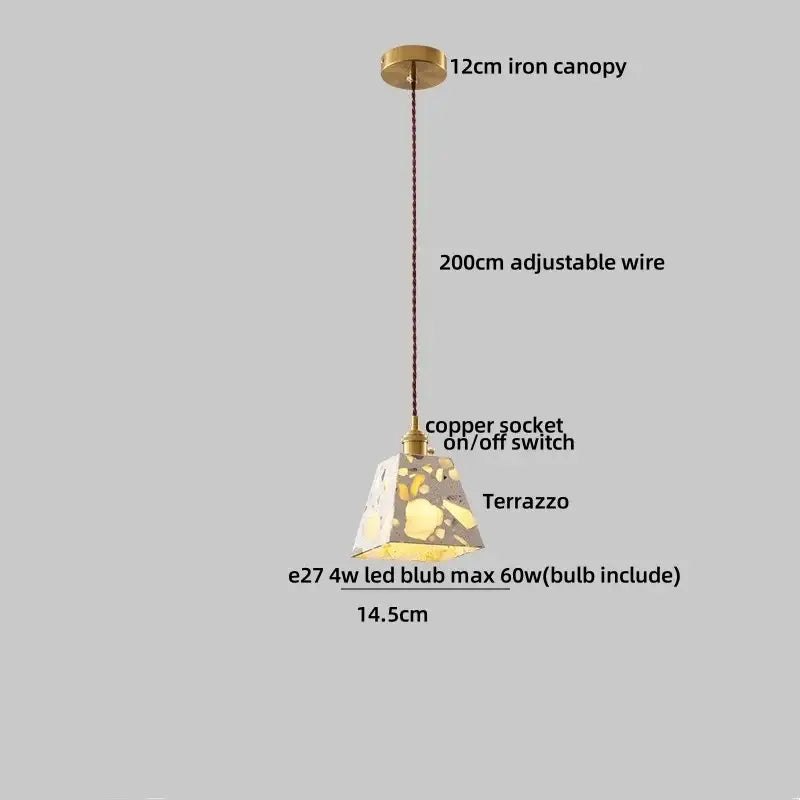 Modern black and gold terrazzo stone pendant lamp with brass iron canopy and adjustable copper wire for kitchen decorbites black terrazzo