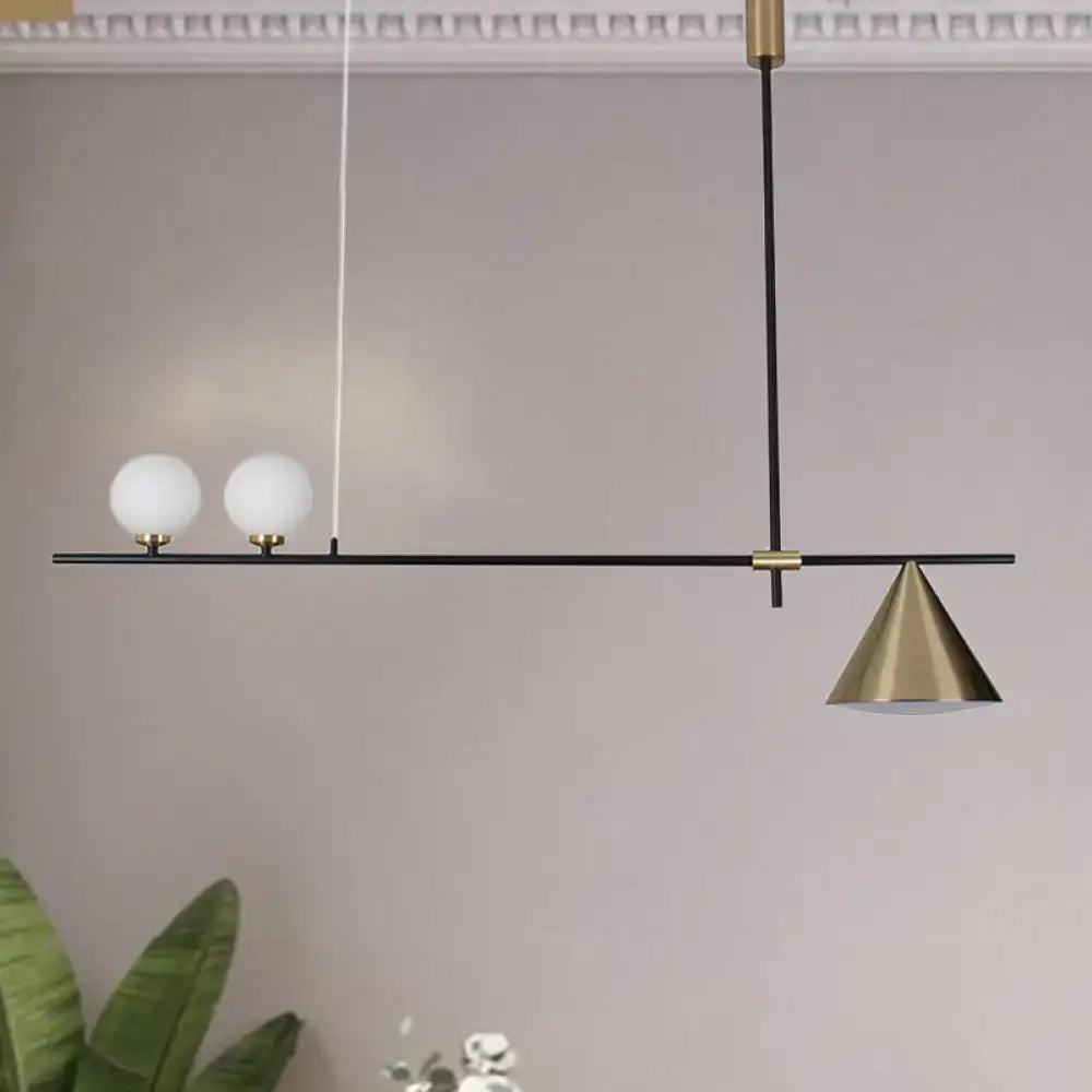 Decorbites contemporary black and gold metal linear chandelier with three lights frosted glass globes and conical shade 220-240v 110-120v