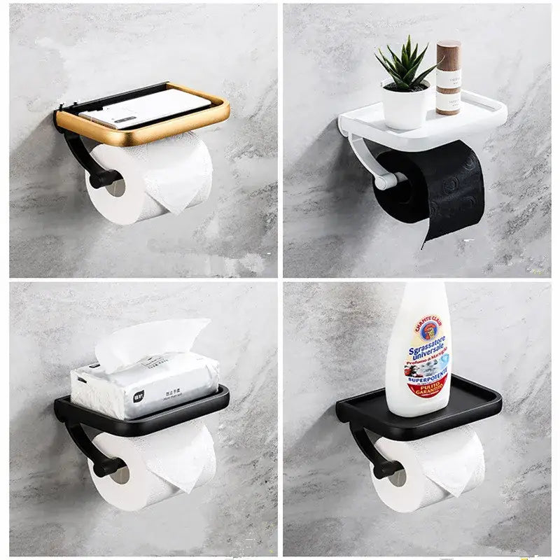 Modern black and gold tissue paper holder with sleek wall-mounted tray and phone rack for bathroom use