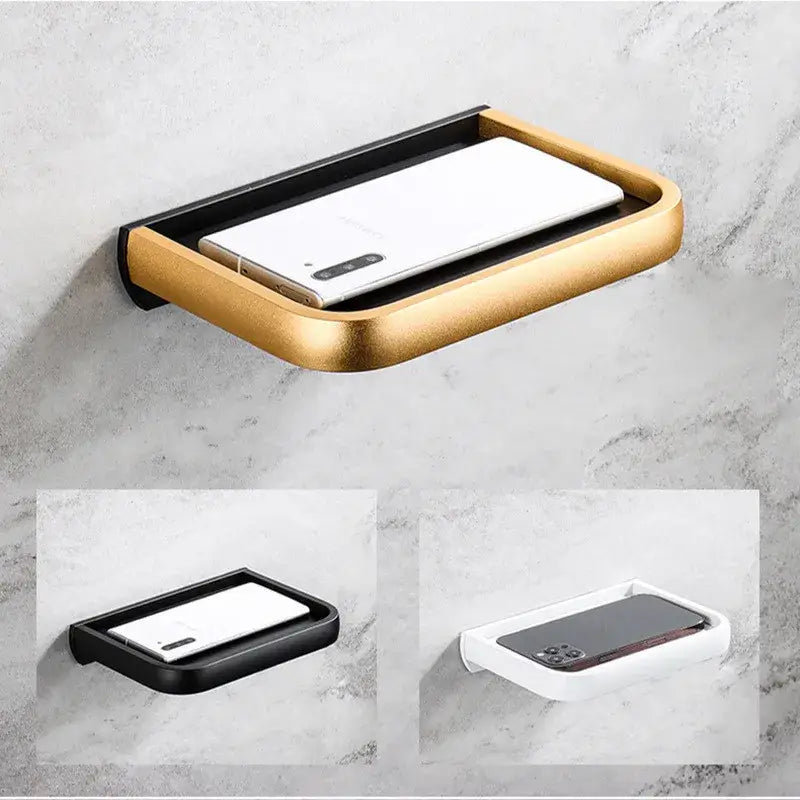 Modern tissue paper holder with gold-finished rectangular soap dish and black interior for bathroom organization