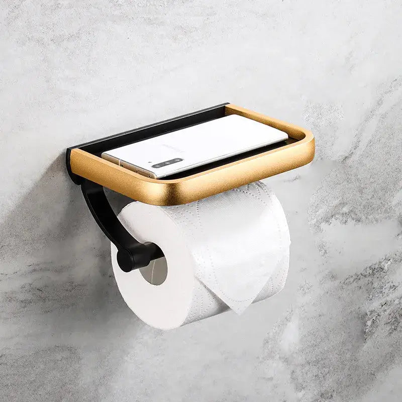 Modern black and gold dual-tone paper holder with phone tray wall-mounted tissue paper holder for bathroom use