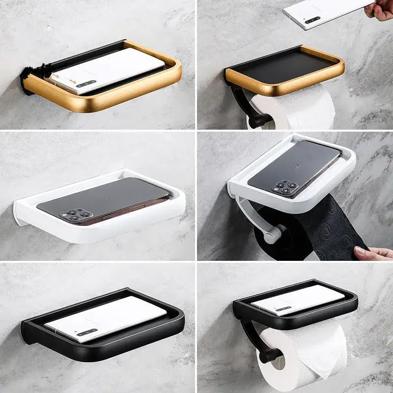 Modern black and gold wall-mounted tissue paper holder with phone tray for bathroom use