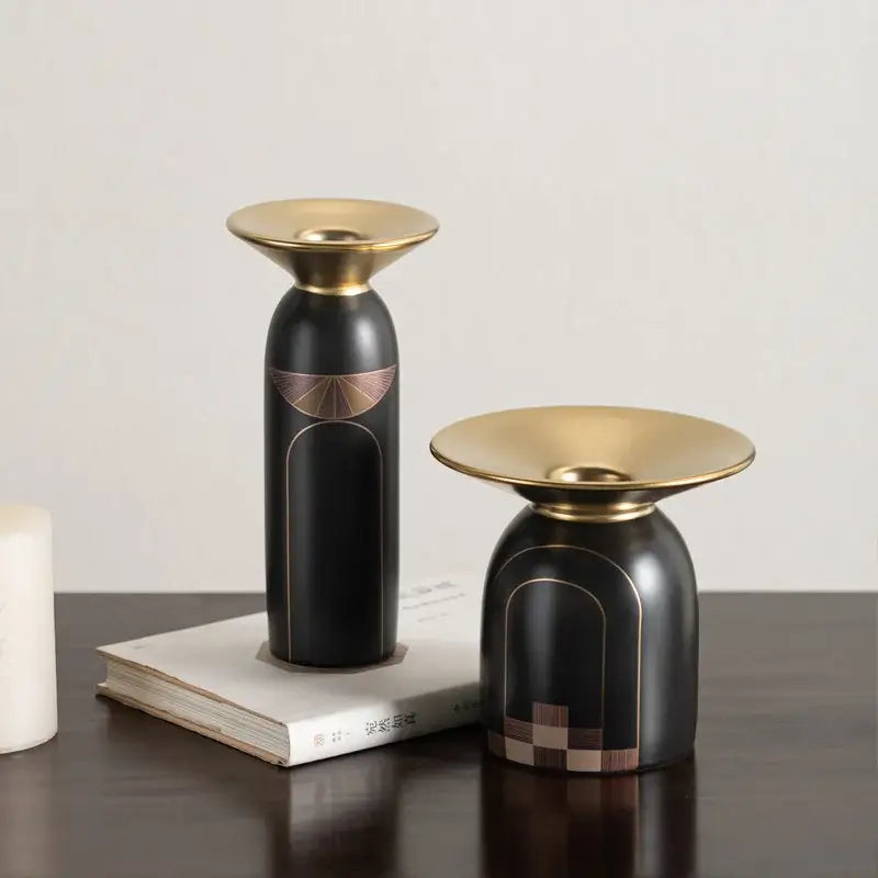 Modern black and gold tray vase candlestick set with black ceramic holders and geometric copper accents for living room decorbites golden tray