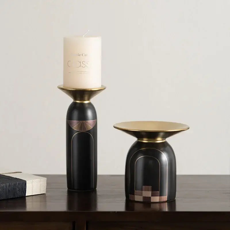 Modern black and gold tray vase candlestick set with black ceramic holders gold accents and geometric copper inlays decorbites golden tray