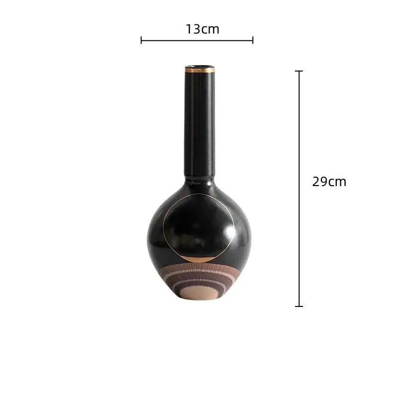 Elegant black ceramic tray vase with gold rim and earthy circular patterns for decorbites golden tray living room decor