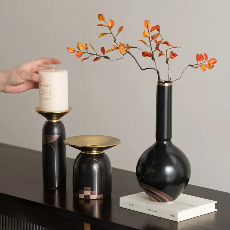Modern black ceramic vase with gold-toned accents for decorbites golden tray living room decor set