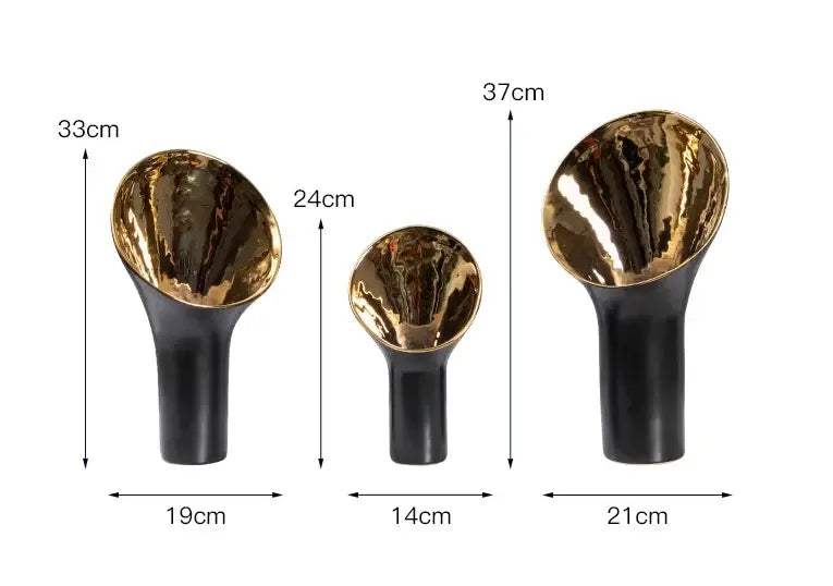 Set of three modern black and gold trumpet ceramic flower vases with reflective interiors for decorbites golden trumpet decor