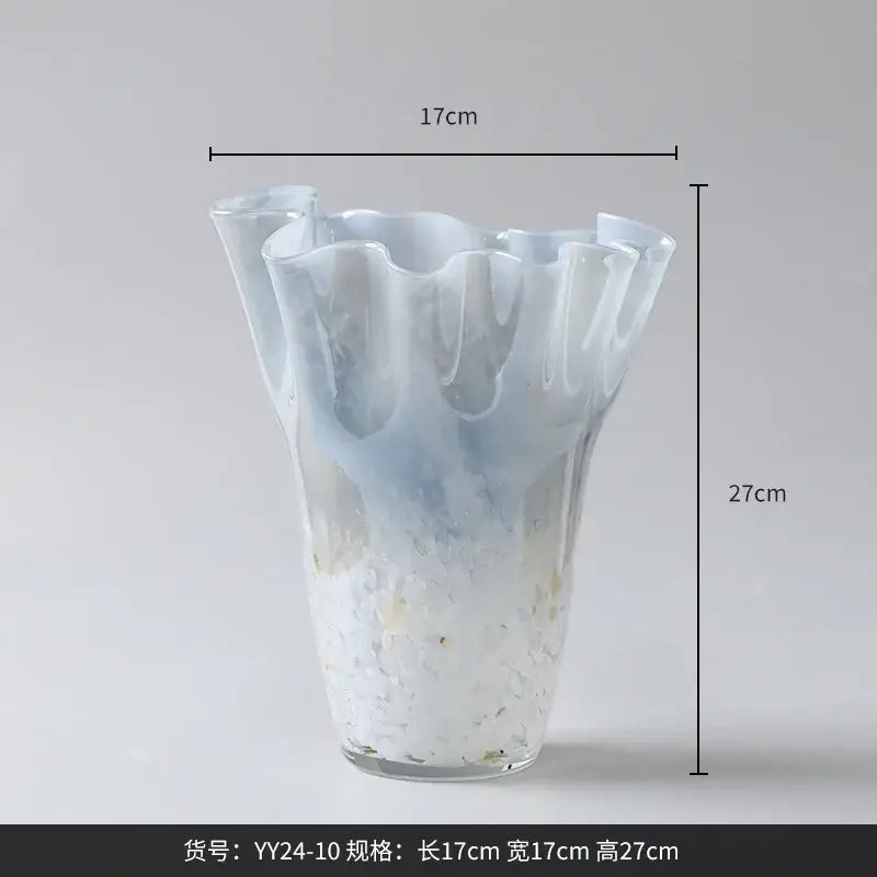A translucent glass trumpet ceramic flower vase with ruffled rim and ombre white to light blue for decorbites golden trumpet decor