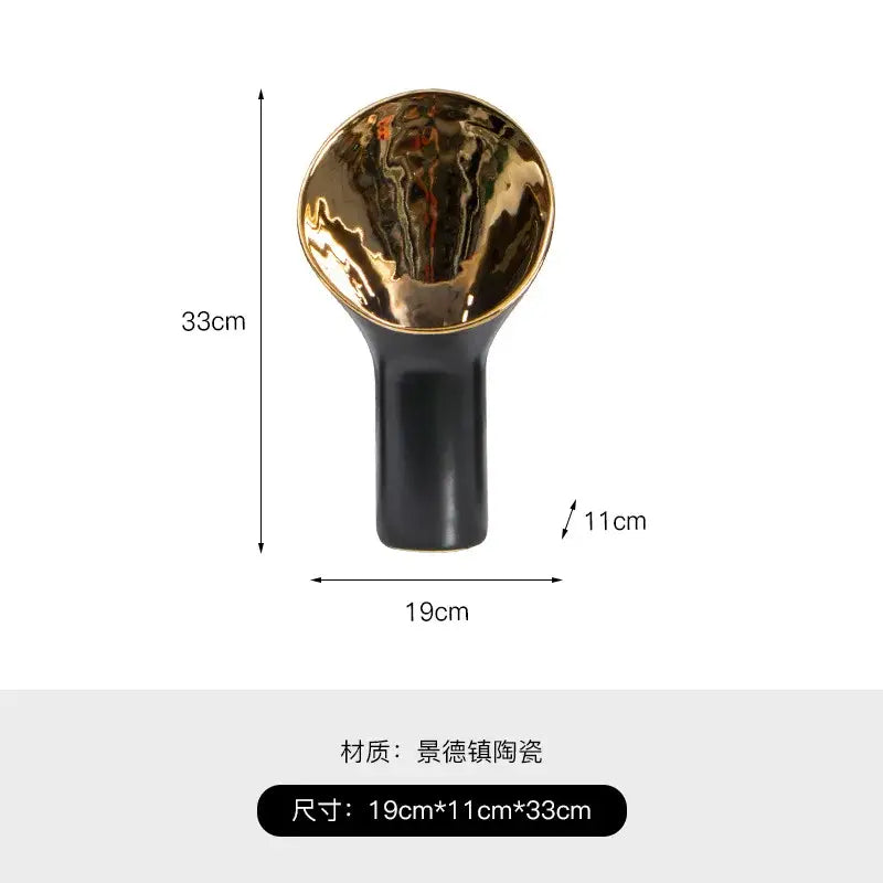 A sleek black ceramic trumpet flower vase with a glossy golden trumpet interior for modern living room decorbites decor