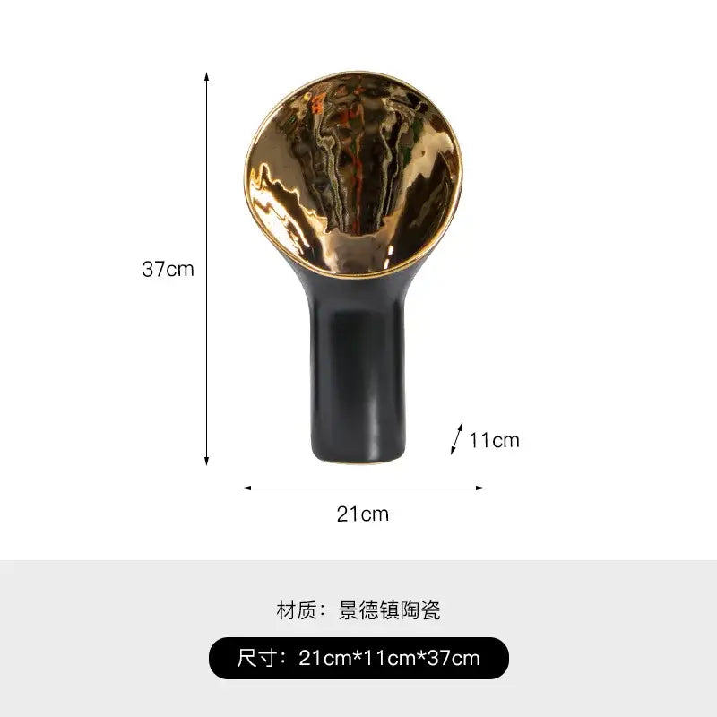 Modern black and gold trumpet ceramic flower vase with glossy reflective interior for living room decorbites golden trumpet decor