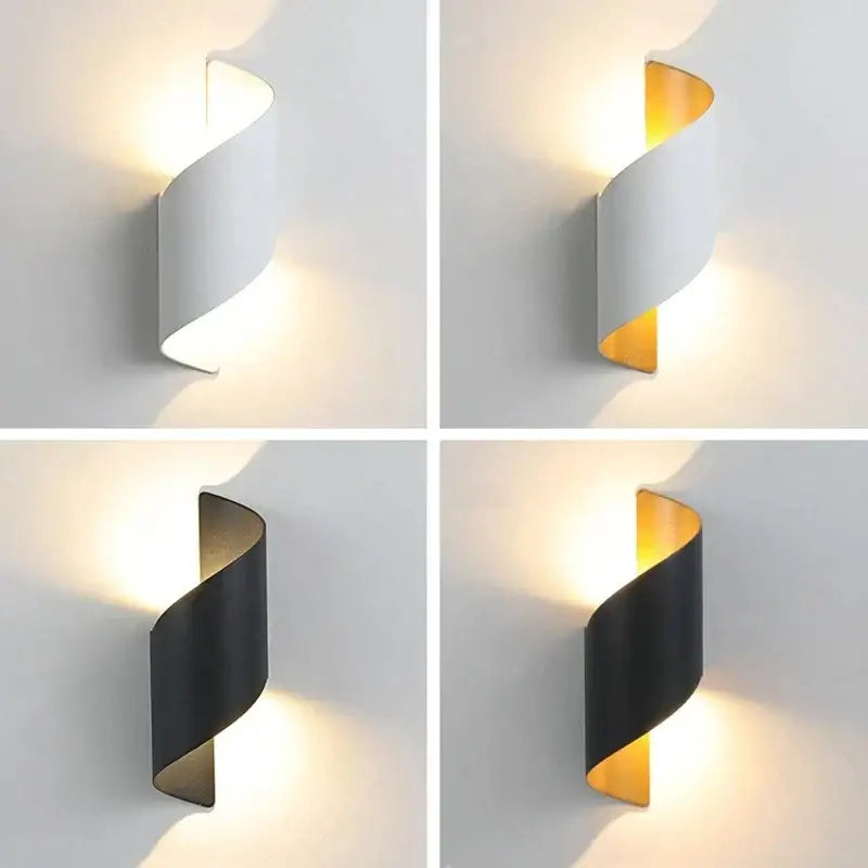 Modern black and gold twisted led wall lamp with sleek curved design and gold interior accent for corridor use