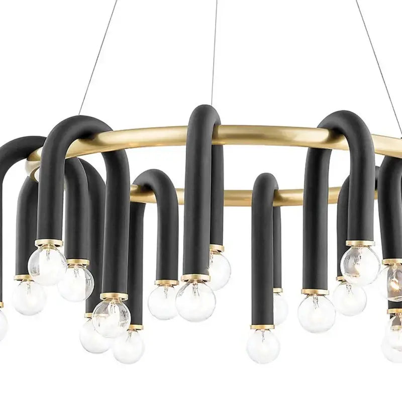Modern black and brass u shape tube gold ring chandelier with curved arms and clear glass bulbs for dining room light