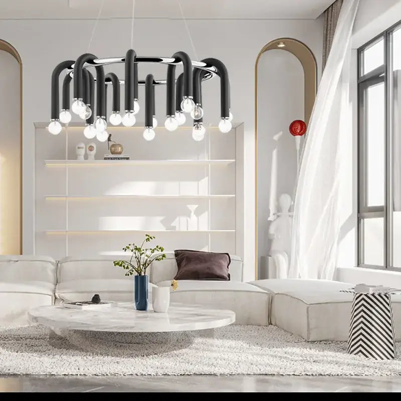 Modern black u shape tube gold ring chandelier with exposed bulbs for dining room lighting
