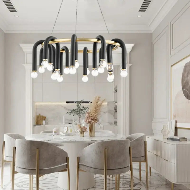 Modern black u shape tube gold ring chandelier with curved arms and exposed bulbs for dining room lighting