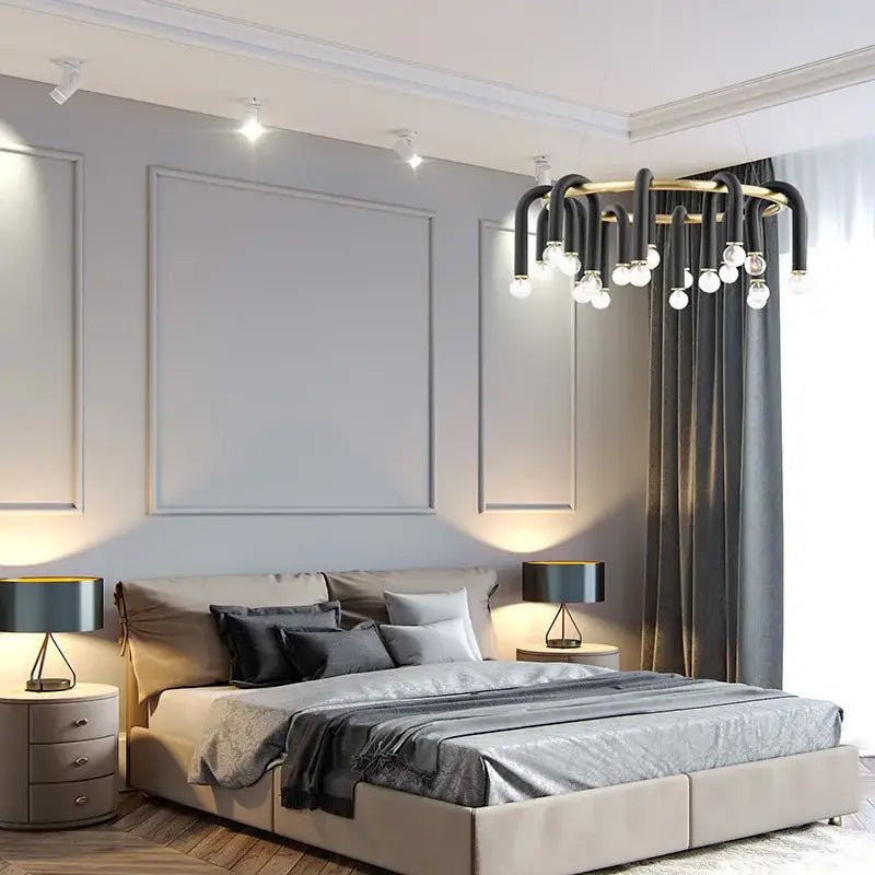Modern black u shape tube gold ring chandelier with curved arms and clear glass globe bulbs for dining room lighting