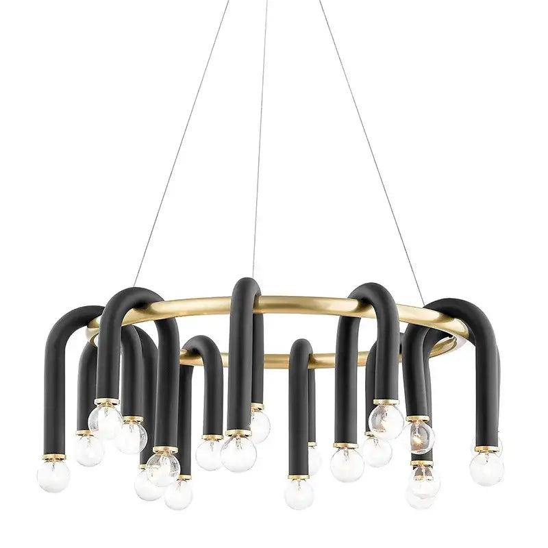 Modern black u shape tube gold ring chandelier with curved brass arms and clear glass bulbs for dining room lighting