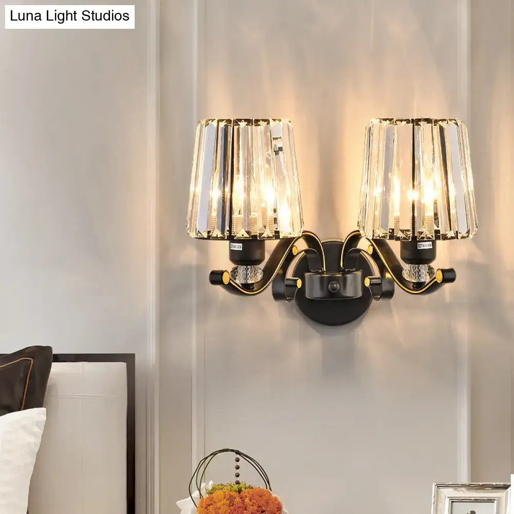 Elegant modern black and gold wall lamp with clear glass crystal lampshades for bedroom sconce lighting