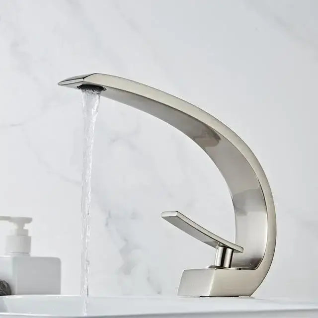 Modern black gold basin faucet with sleek brushed nickel curved design and waterfall spout for bathroom decorbites basin faucet