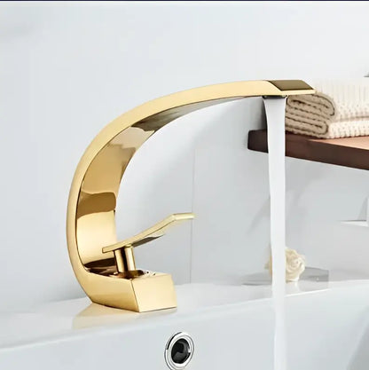 Gold-colored sleekly curved modern black gold basin faucet by decorbites for waterfall bathroom mixer tap use