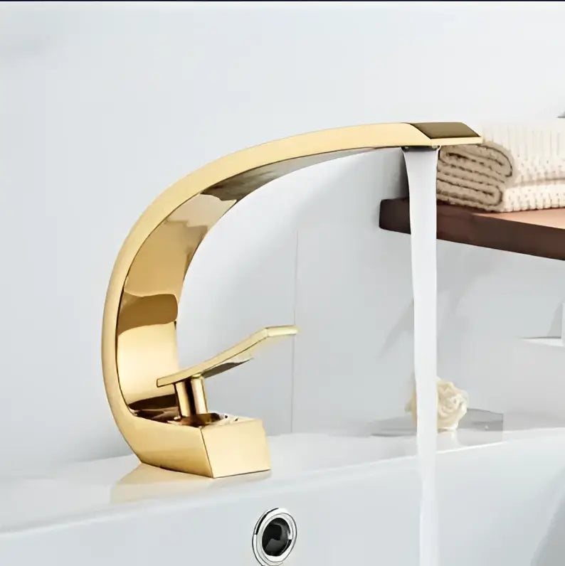 Gold-colored sleekly curved modern black gold basin faucet by decorbites for waterfall bathroom mixer tap use