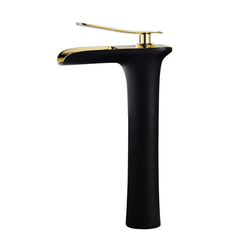 Modern black and gold waterfall basin faucet with matte finish and polished decorbites gold waterfall accents for bathroom