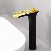 Modern black and gold waterfall basin faucet with a sleek minimalist design for stylish gold waterfall bathroom decorbites use