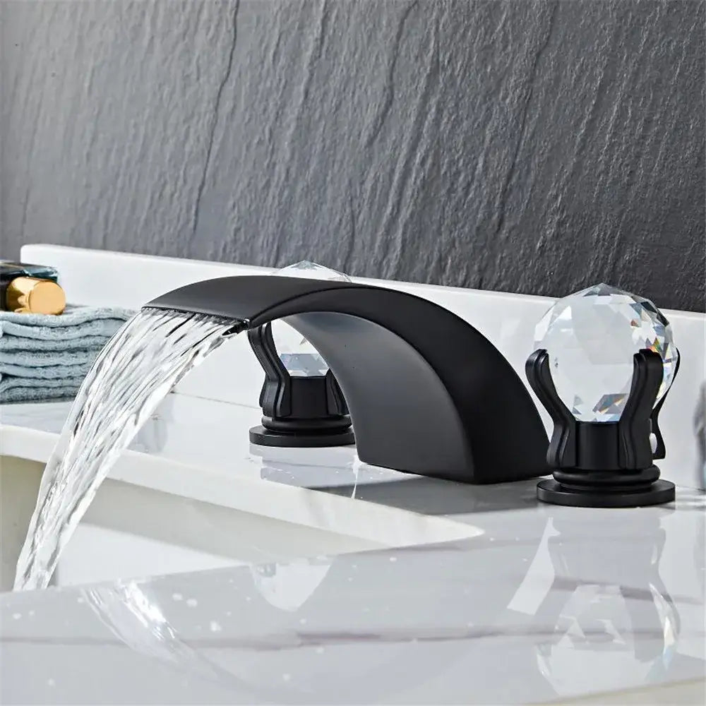 Modern black and gold waterfall basin faucet with black basin faucet and crystal knobs by decorbites black basin