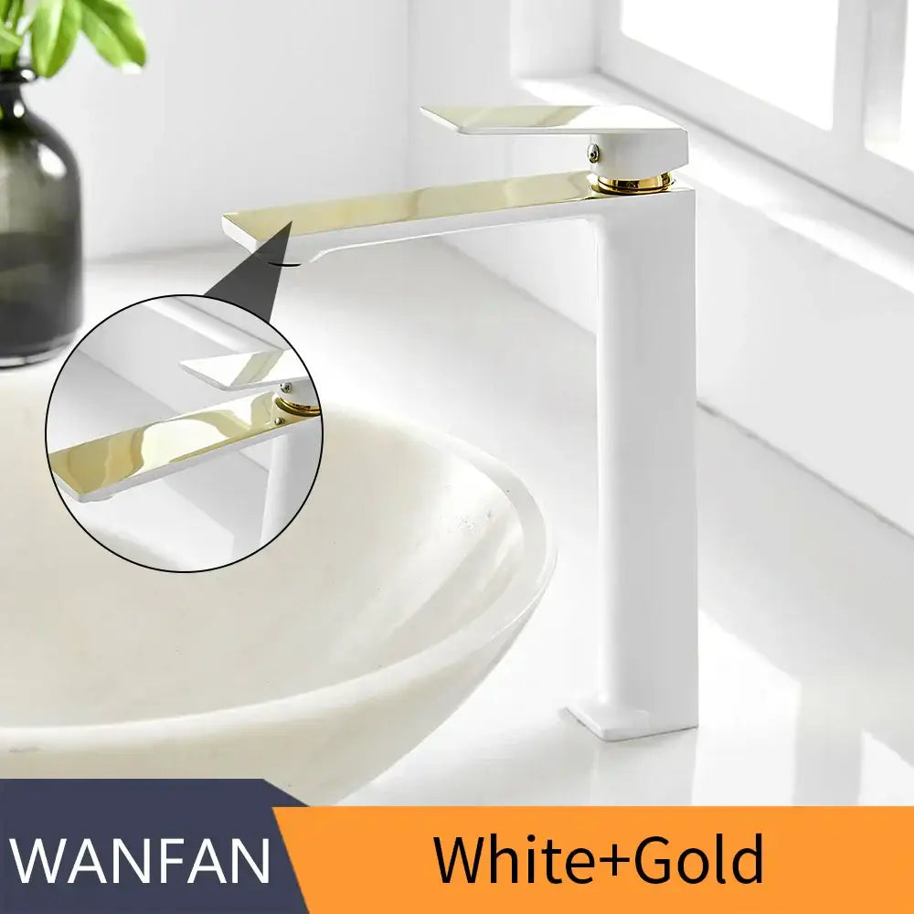 Modern black and gold waterfall single handle basin faucet in white and gold with sleek minimalist design for bathroom use