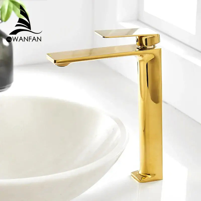 Gold-finished modern high-arc basin faucet with sleek rectangular spout single handle decorbites black single tap