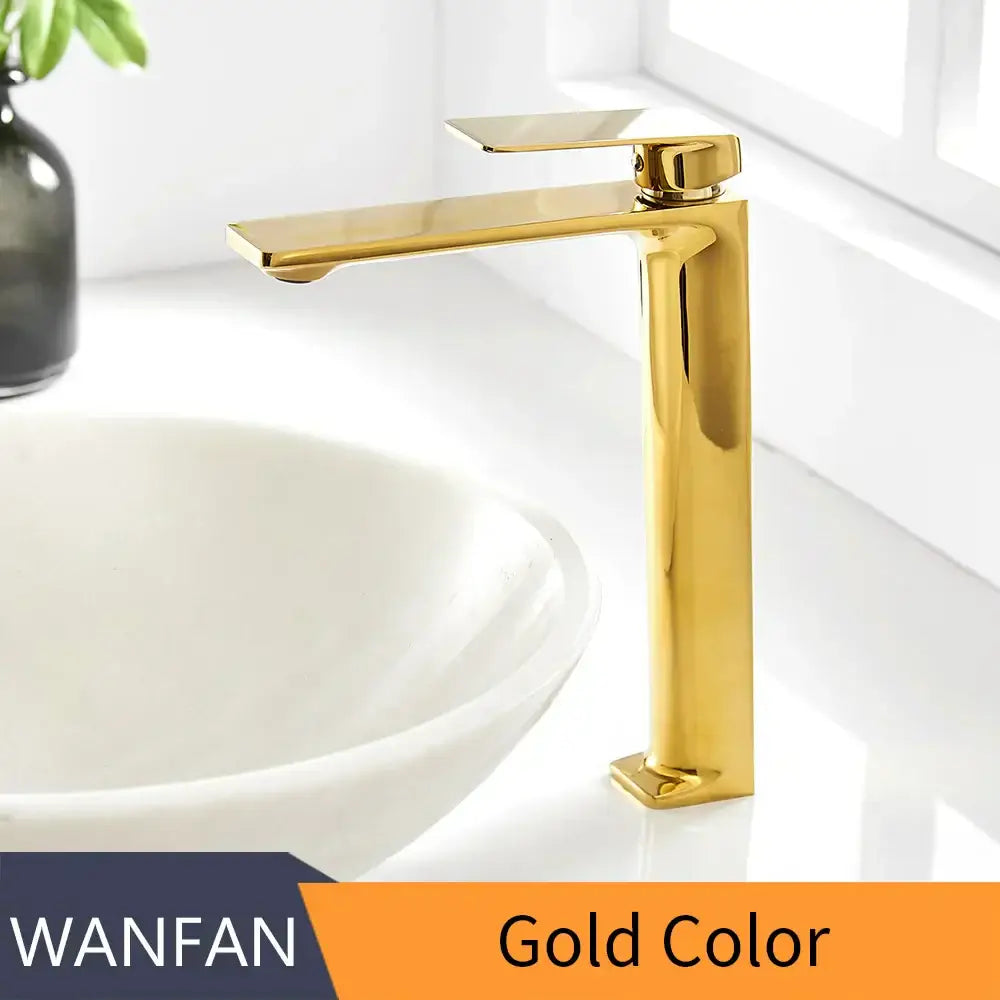 Modern black and gold waterfall single handle basin faucet with gold-colored metallic finish decorbites black single design