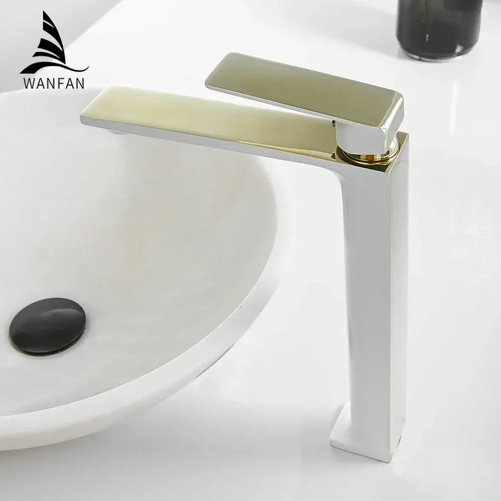Modern black and gold waterfall single handle basin faucet in ceramic with sleek rectangular design by decorbites black single