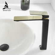Modern black and gold basin faucet with single handle and sleek rectangular design decorbites black single model