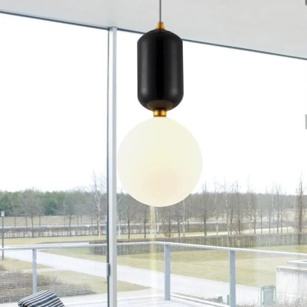 Modern Black/Gold/White Ball Pendant Light with Milky Glass Led - 1 Light, 6"/8"/12" Wide Ceiling Fixture