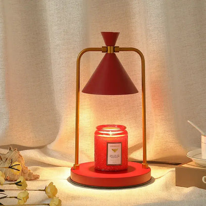 Modern black gold and white decorbites candle warmer lamp with red conical shade and matching candle jar for bedroom decor