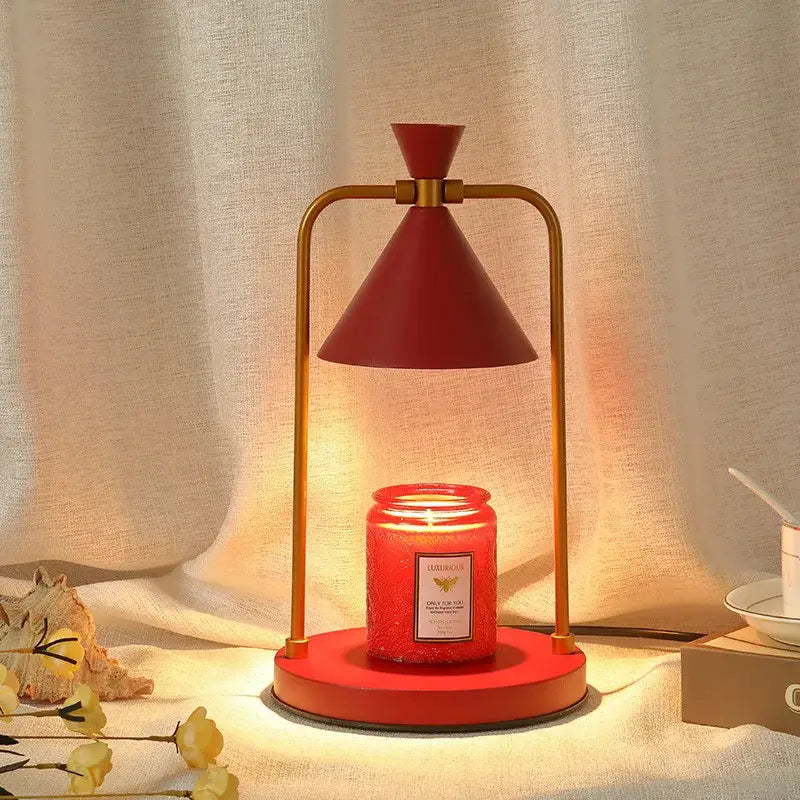 Modern black gold and white decorbites candle warmer lamp with red conical shade and matching candle jar for bedroom decor