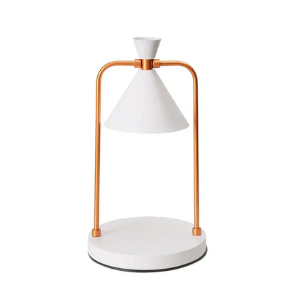 Modern black gold and white decorbites candle warmer lamp with sleek copper frame and white conical shades for bedroom decor