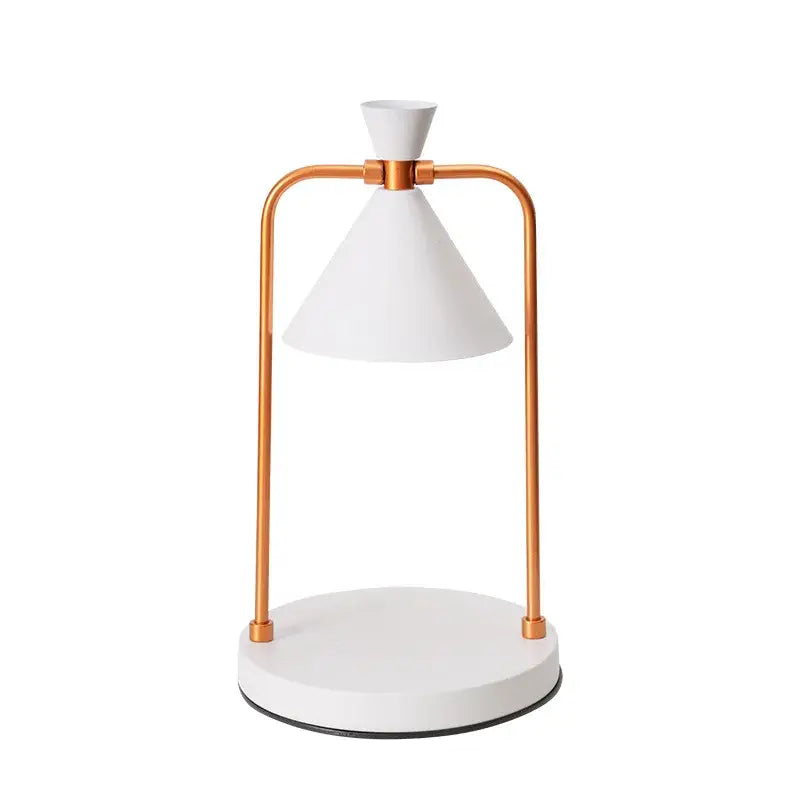 Modern black gold and white decorbites candle warmer lamp with sleek copper frame and white conical shades for bedroom decor