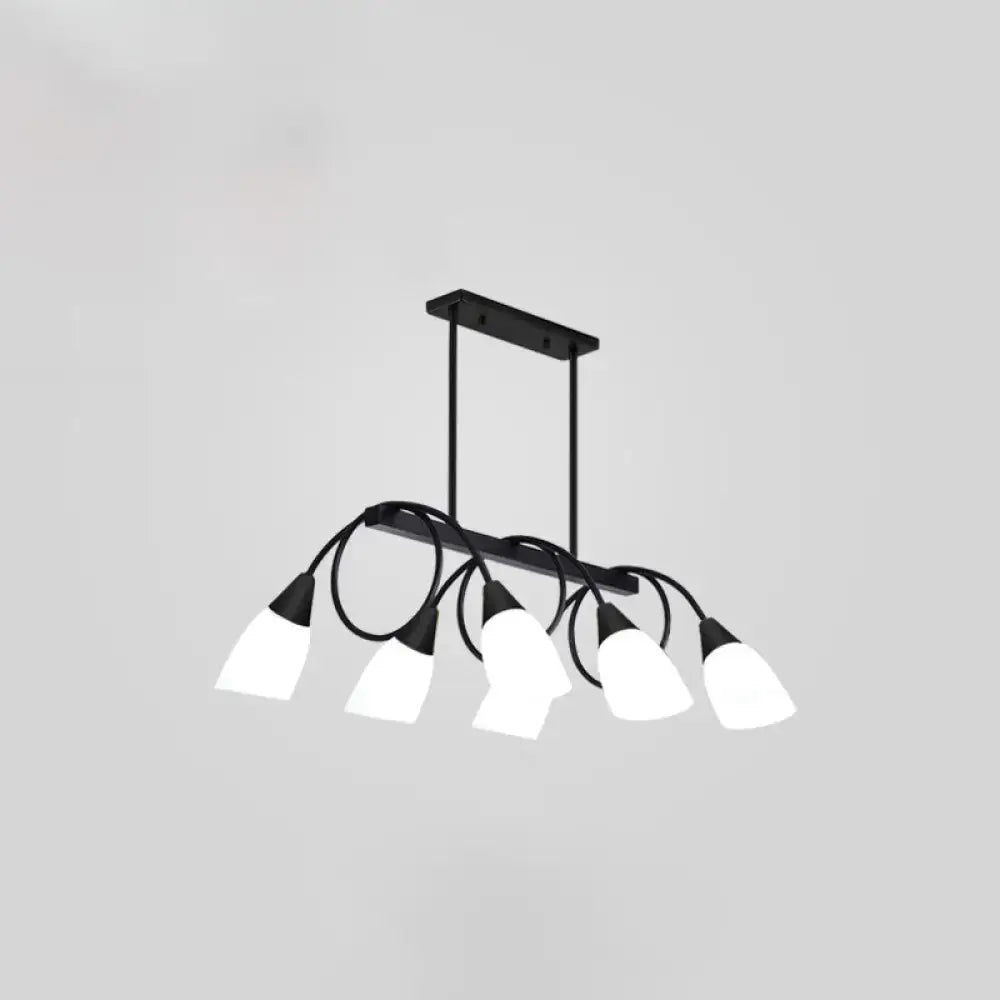 Modern black metal chandelier with five white glass shades featuring frosted white glass ceiling light design