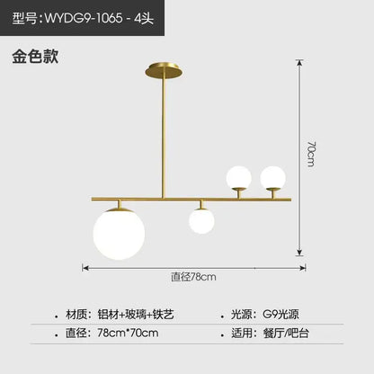 Modern black golden glass chandelier featuring a gold aluminum and iron frame with four spherical glass shades
