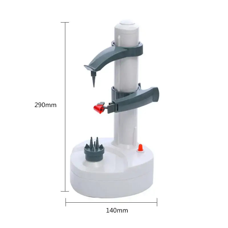 Modern black and gray electric peeler with white and gray body and red button is a fruit slicer gadget for kitchen use