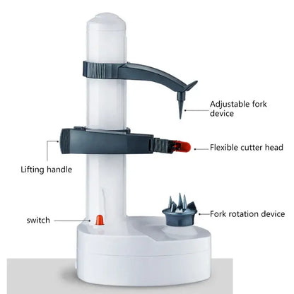 Modern black and gray electric peeler with white plastic body and black red adjustable fruit slicer gadget components