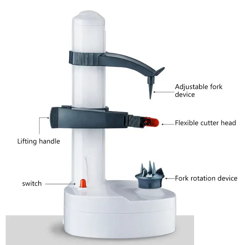 Modern black and gray electric peeler with white plastic body and black red adjustable fruit slicer gadget components