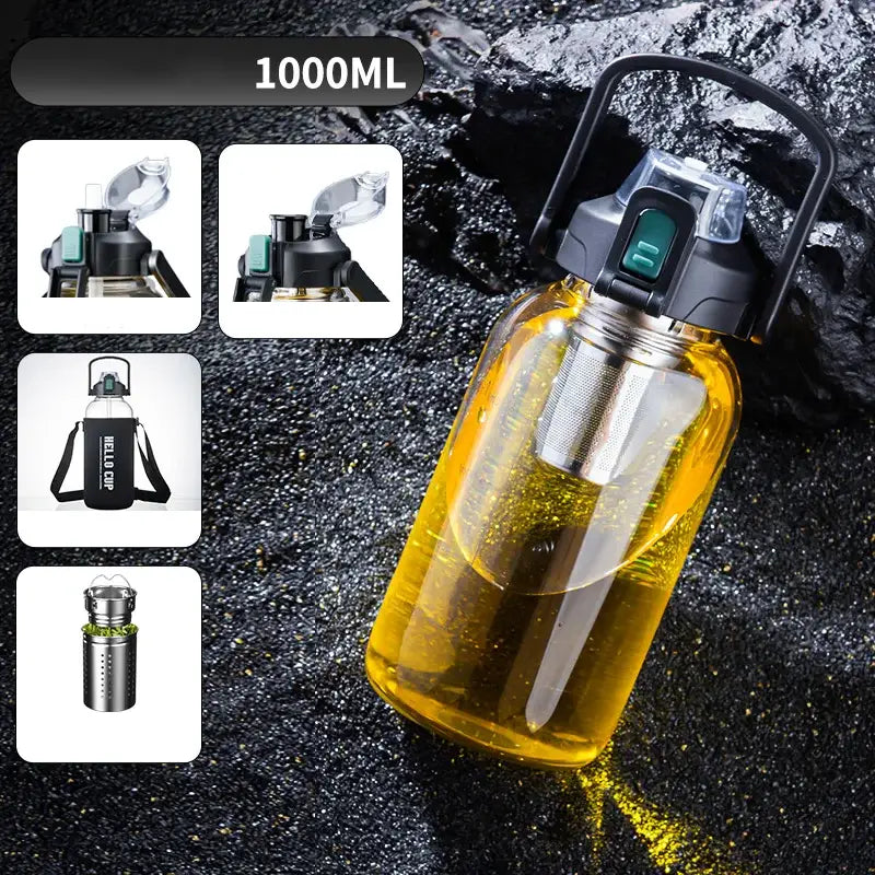 Modern black and green decorbites glass cup featuring a 1000ml clear glass bottle with stainless steel infuser and handle